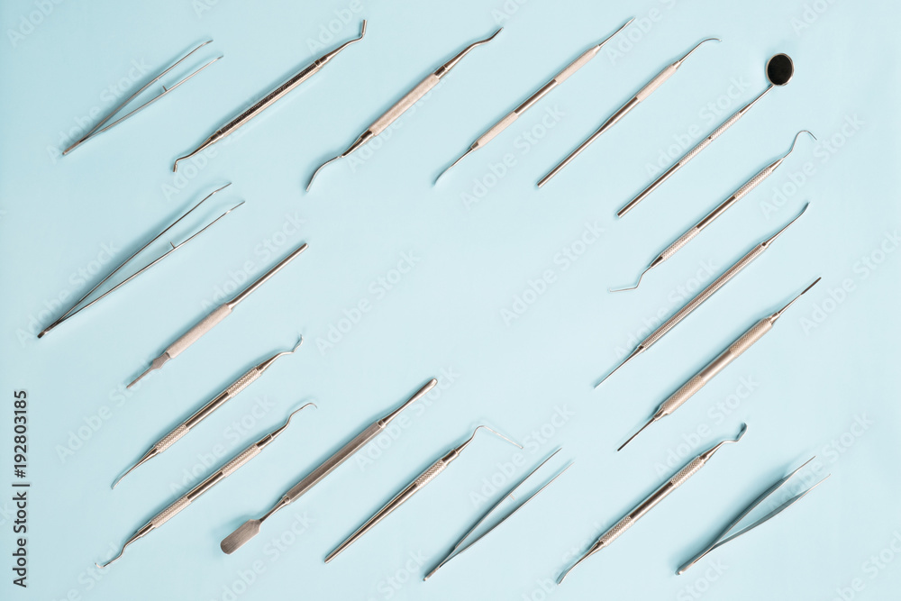 dentist tools  on color background, flat lay, top vipw.