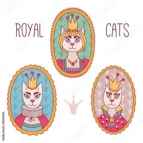 Royal cats portraits vector set doodle colorful