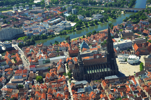 Closer Aerial view of Ulm Minster (Ulmer Münster) and Ulm, south germany on a sunny summer day
