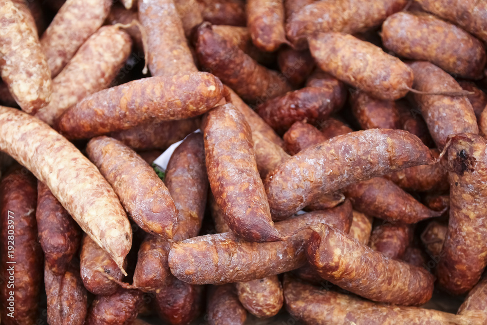 sausages, displayed in a farm butcher shop sausages, displayed in a farm butcher shop