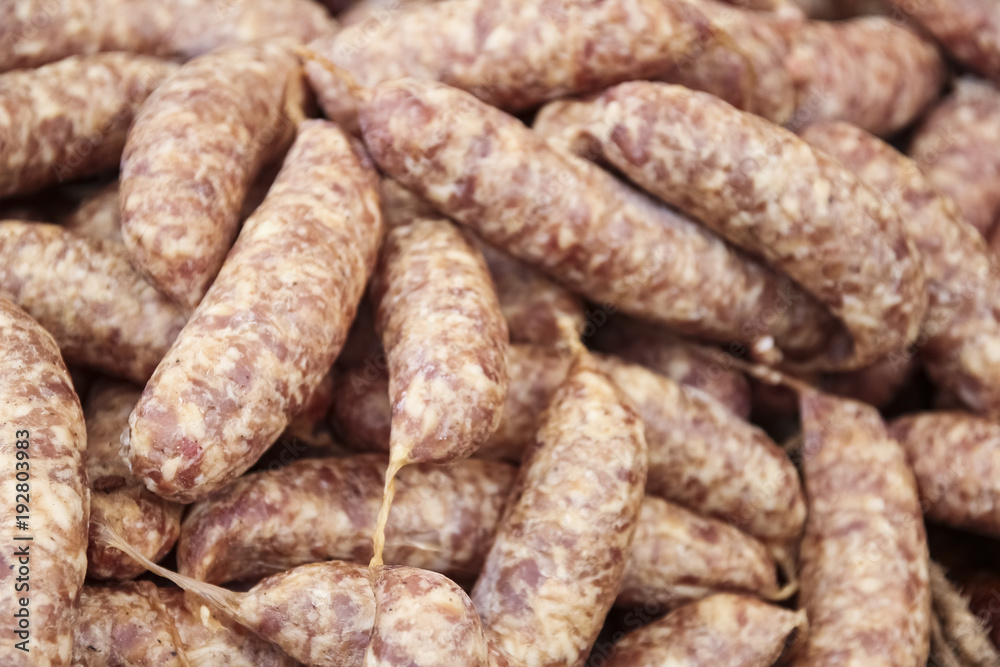 sausages, displayed in a farm butcher shop sausages, displayed in a farm butcher shop