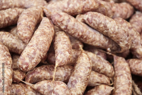 sausages, displayed in a farm butcher shop