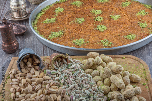 Turkish sweet kadaif with pistachio nuts photo