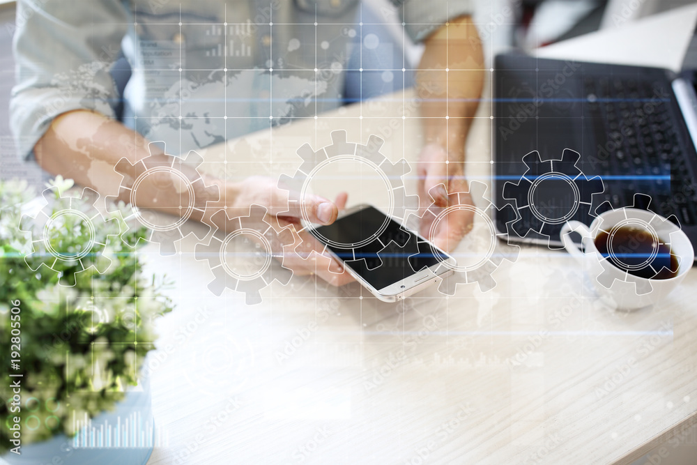 Gears on virtual screen. Business strategy and technology concept. Automation process. Gears on virtual screen. Business strategy and technology concept. Automation process.
