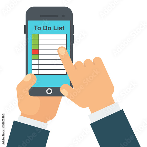 To do list in application for smartphone. Program for time management. Hand of businessman mark tasks on screen of device. Flat vector cartoon illustration. Objects isolated on background.