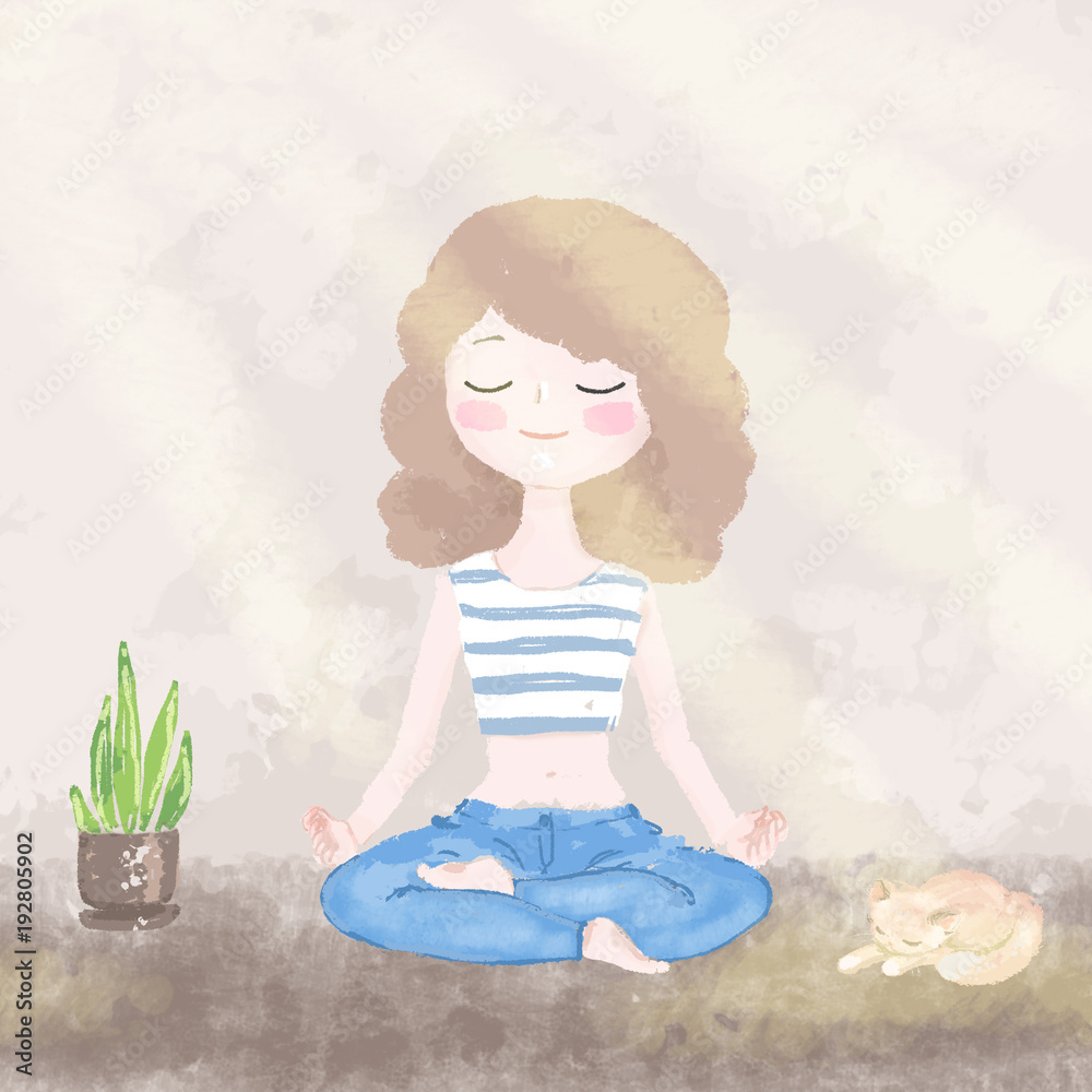 Young pretty girl practices yoga in sunny room. Hand painted illustration