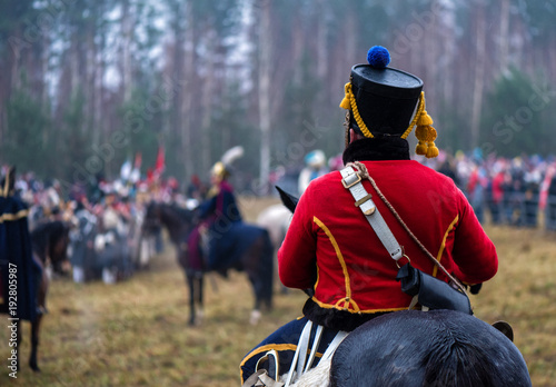 Soldiers in the old form on the reconstruction of the battle with Napoleon