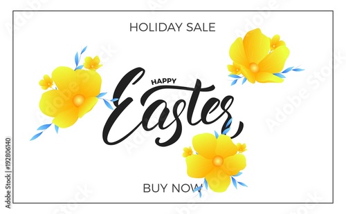 Easter. Sale banner background with trendy spring flowers and Happy Easter lettering. Easter sale design template