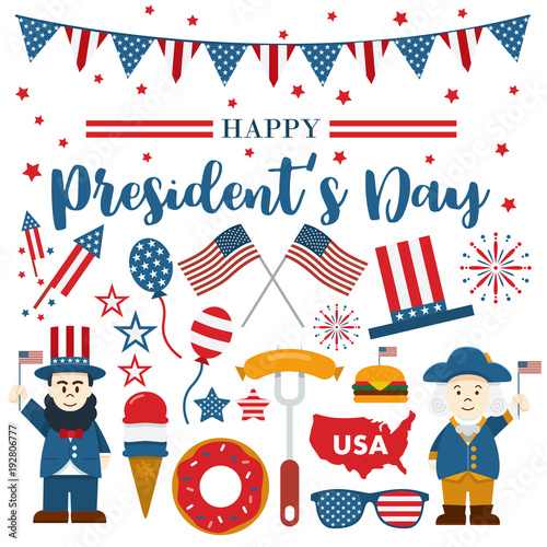 Flat design, Cartoon Illustration of Abraham Lincoln and George Washington and icons, President's Day