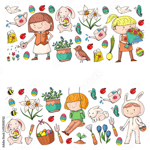 Spring children banners Kids play and grow. Kindergarten, school. Easter celebration with children. Bunny, rabbt, bird, boys and girls