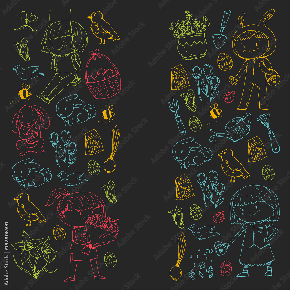 Naklejka premium Spring children banners Kids play and grow. Kindergarten, school. Easter celebration with children. Bunny, rabbt, bird, boys and girls