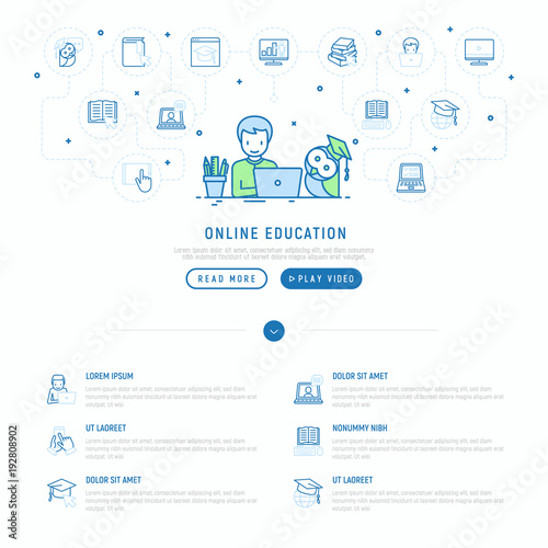 Online education concept: student learning on laptop and thin line icons: online course, webinar, e-book, video conference, home studying. Modern vector illustration, web page template.