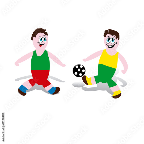 Soccer players playing with a ball, kicking, cartoon on a white background, © Vladimir