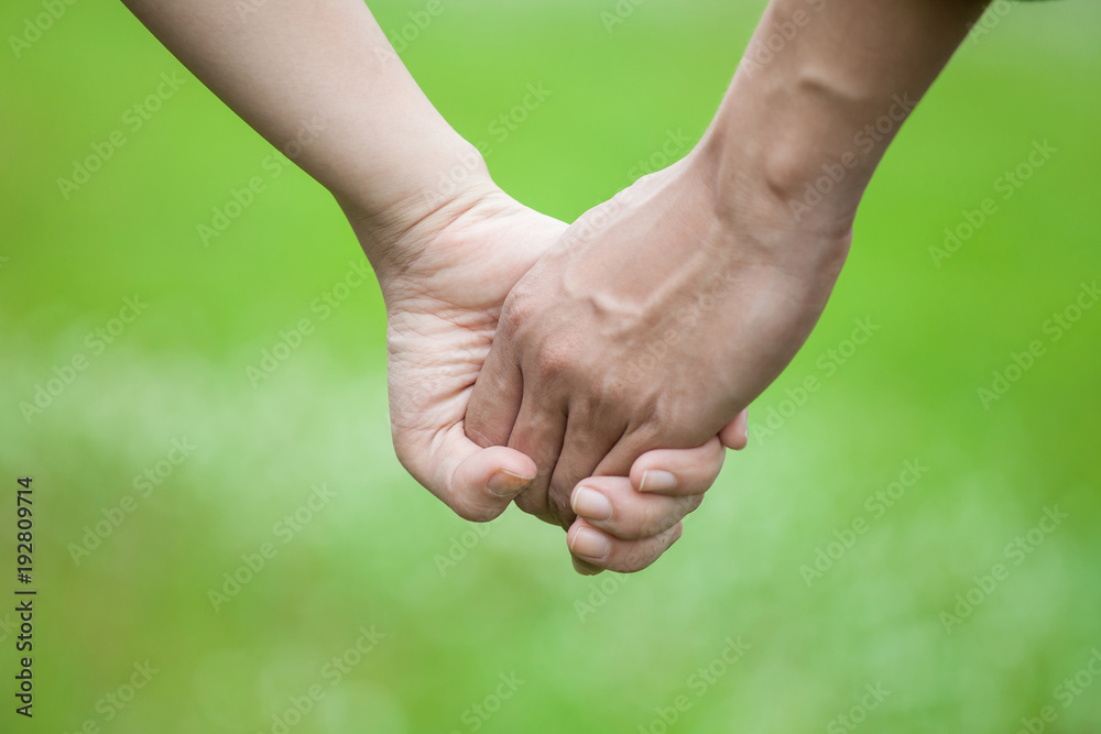 Lovers couple holding hands in a forest green background ,Young in love Lovers couple holding hands in a forest green background ,Young in love