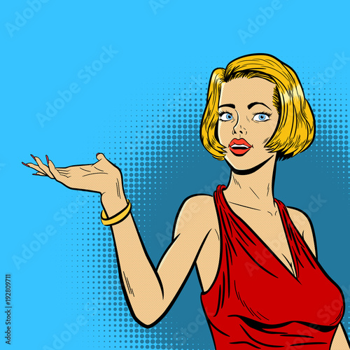  Girl in Pop Art Comic Style on Blue Background.