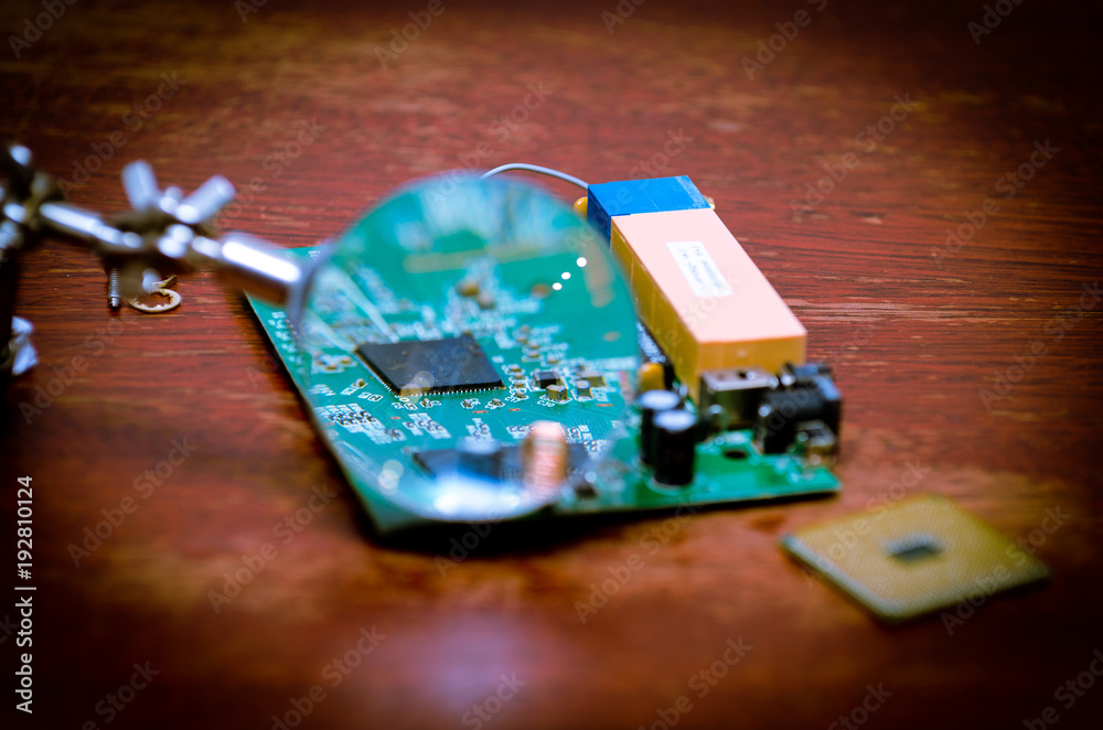 Photography Electronic printed circuit board with soldered cable