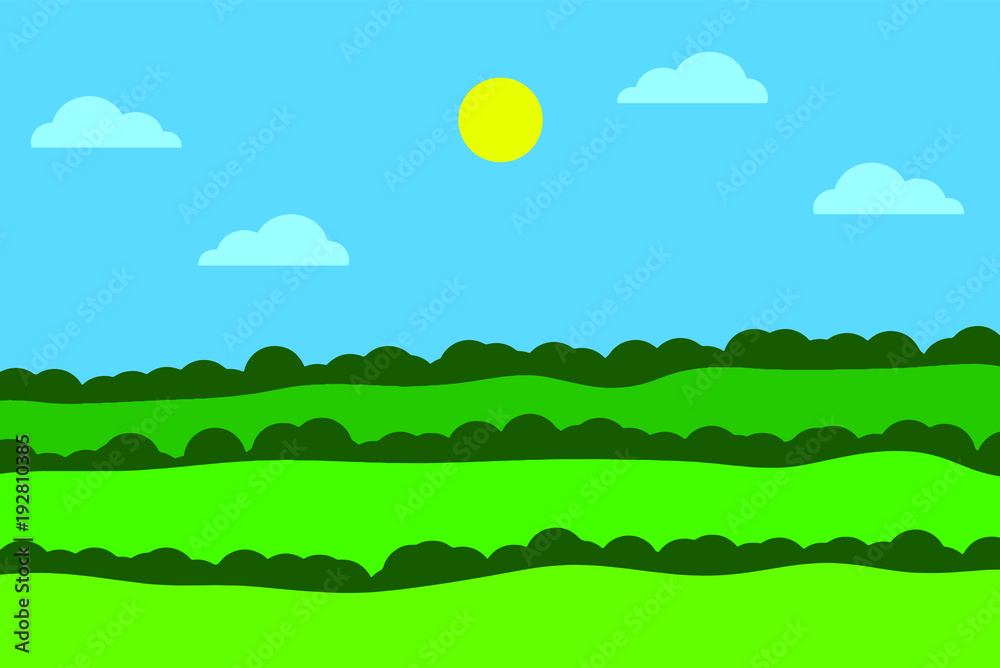 Vector of a mountainous landscape with trees, sun and clouds Vector of a mountainous landscape with trees, sun and clouds