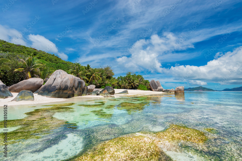 Beautiful beach with granite rocks in paradise La Digue island, Seychelles/