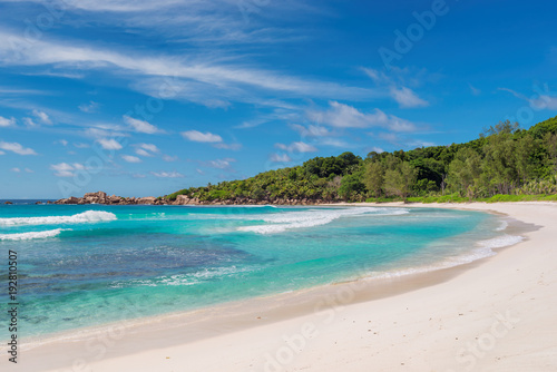 Untouched sandy beach with palm and turquoise sea on Paradise island. © lucky-photo