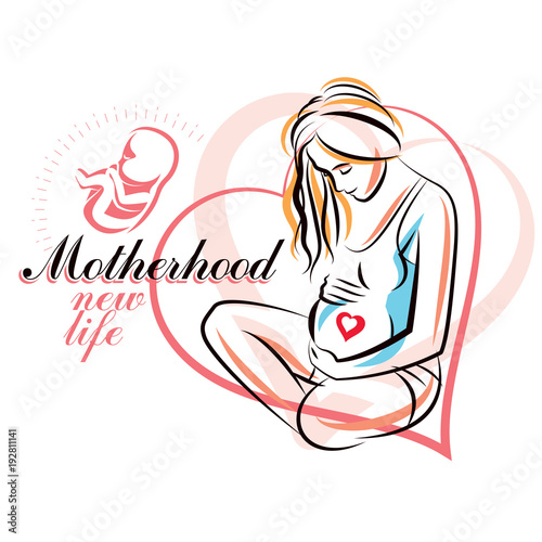 Pregnant woman elegant body silhouette, sketchy vector illustration. Pregnancy assistance center promotion mock up