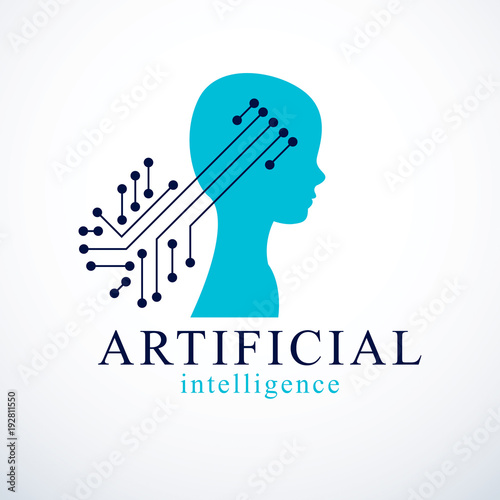 Computer human android bot, artificial intelligence concept. Human profile with electronics elements icon. Vector logo design. Smart software, idea of intelligent machines and computer programs.