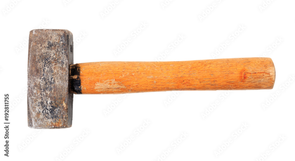 Old hammer isolated on white background, top view Old hammer isolated on white background, top view