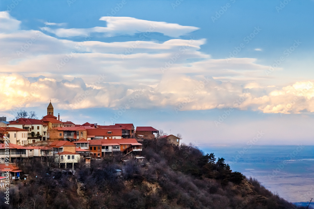 Signagi georgian town view with clouds in the background, Kakheti region, Georgia