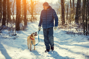 Man with dog on a leash walking on snowy pine forest in winter