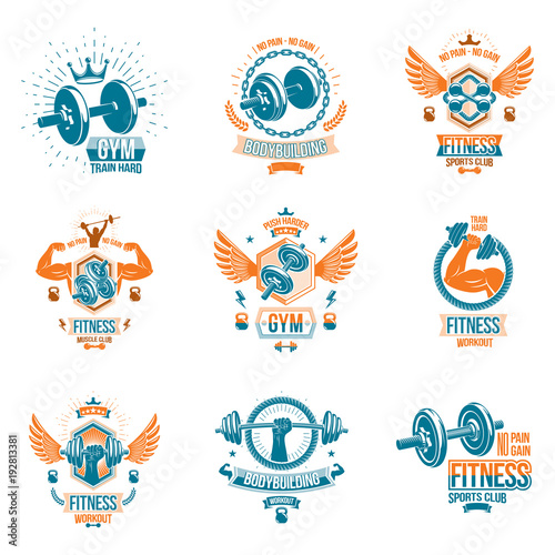 Set of vector cross fit and fitness theme emblems and motivational posters created with dumbbells, barbells, kettle bells sport equipment and muscular athlete body silhouettes.