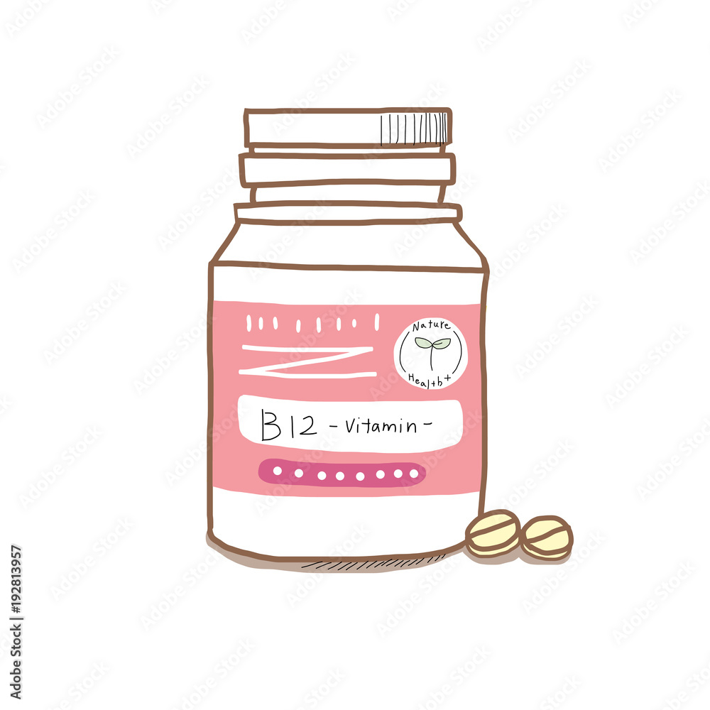サプリメントボトル B12と錠剤 美容サプリのイメージイラスト Stock Illustration Adobe Stock