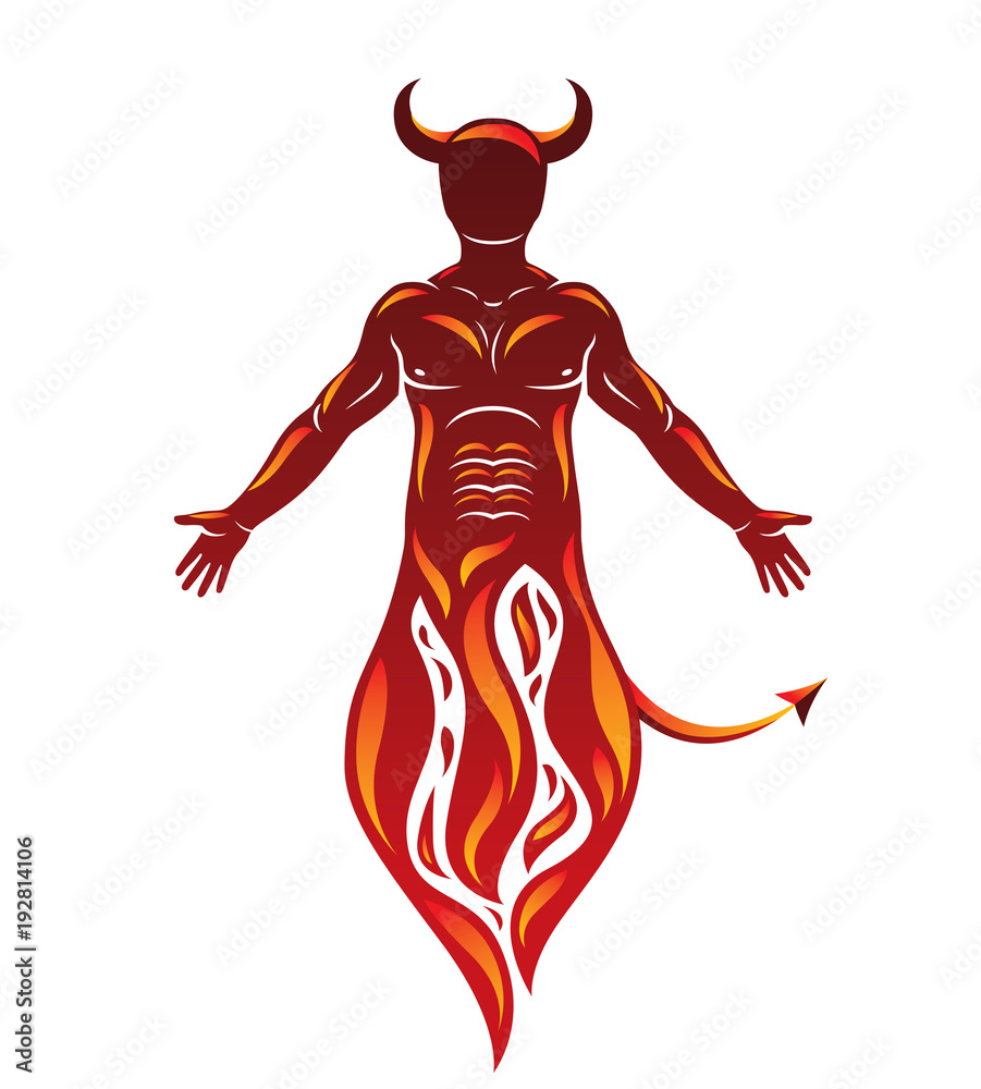 Vector human being standing in flame. Mystic infernal horned Satan, evil spirit. Vector human being standing in flame. Mystic infernal horned Satan, evil spirit.
