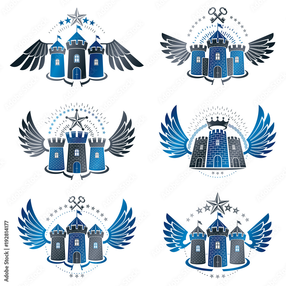 Fototapeta premium Ancient Citadels emblems set. Heraldic vector design elements collection. Retro style label, heraldry logo.
