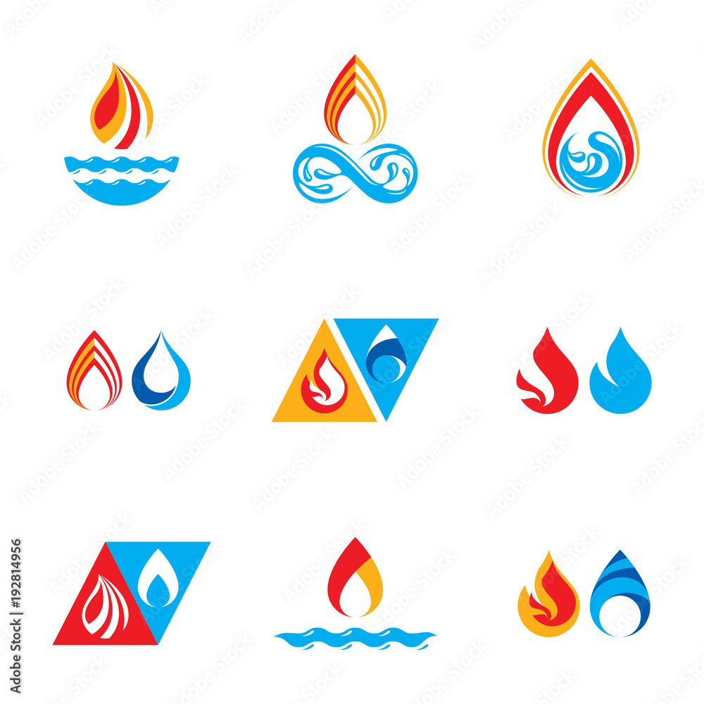 Set of nature power symbols, composition of water and fire elements ...