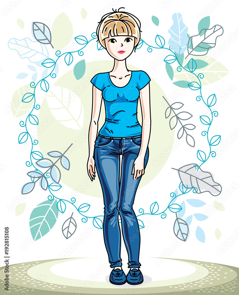 Attractive young blonde woman standing on background of spring landscape and wearing stylish casual clothes. Vector human illustration. Attractive young blonde woman standing on background of spring landscape and wearing stylish casual clothes. Vector human illustration.