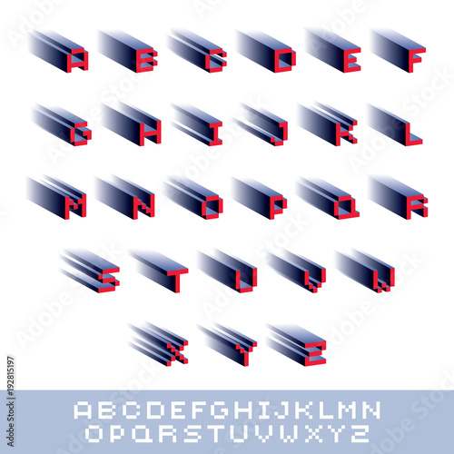 Cybernetic 3d alphabet letters, pixel art vector digital typescript. Pixel design elements, contemporary dotted font made in technology style.