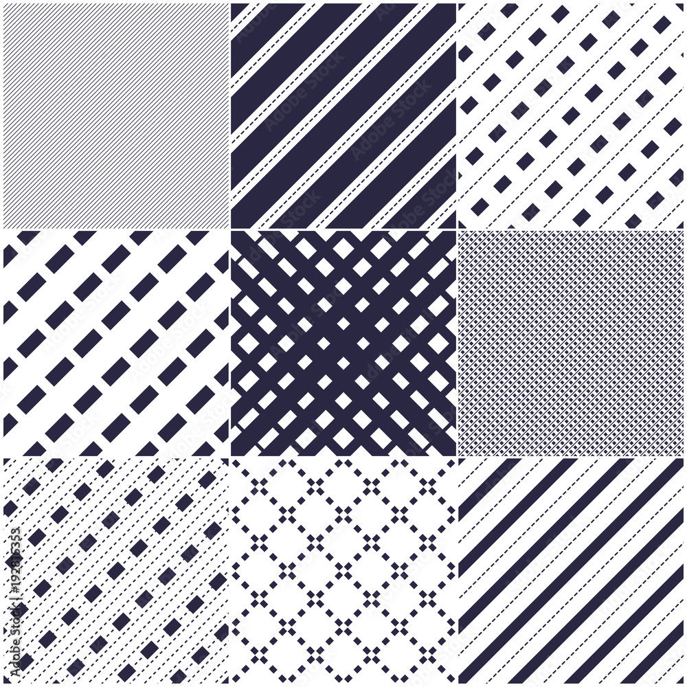 Minimal lines vector seamless patterns set, abstract backgrounds collection. Simple geometric designs. Seamless lines vector minimalistic arts. Crossed lines grid, diagonal lines, dashed lines