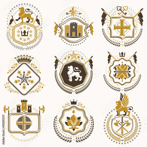 Set of old style heraldry vector emblems, vintage illustrations decorated with monarch accessories, towers, pentagonal stars, weapon and armory. Coat of Arms collection.