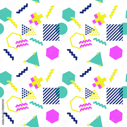 Geometric pattern in bright colours. Vector seamless pattern in 90s style.