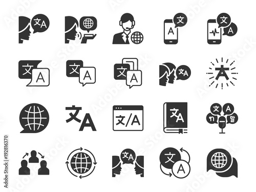 Translation icon set. Included the icons as translate, translator, language, bilingual, dictionary, communication, bi-racial and more. photo