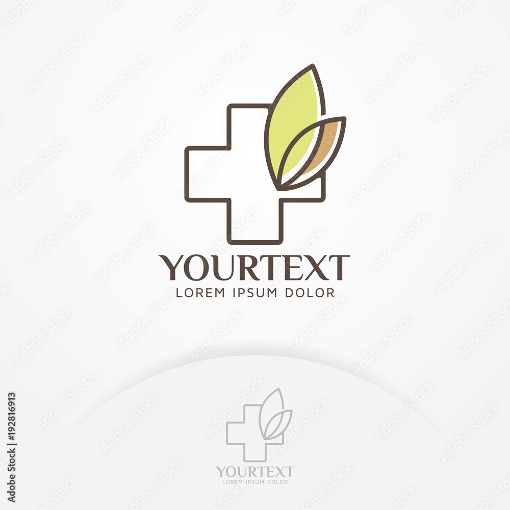 Fototapeta premium Herbal health logo. Health symbol with foliage for clinic logo, health, fitness, natural medicine, pharmacy. Vector logo template