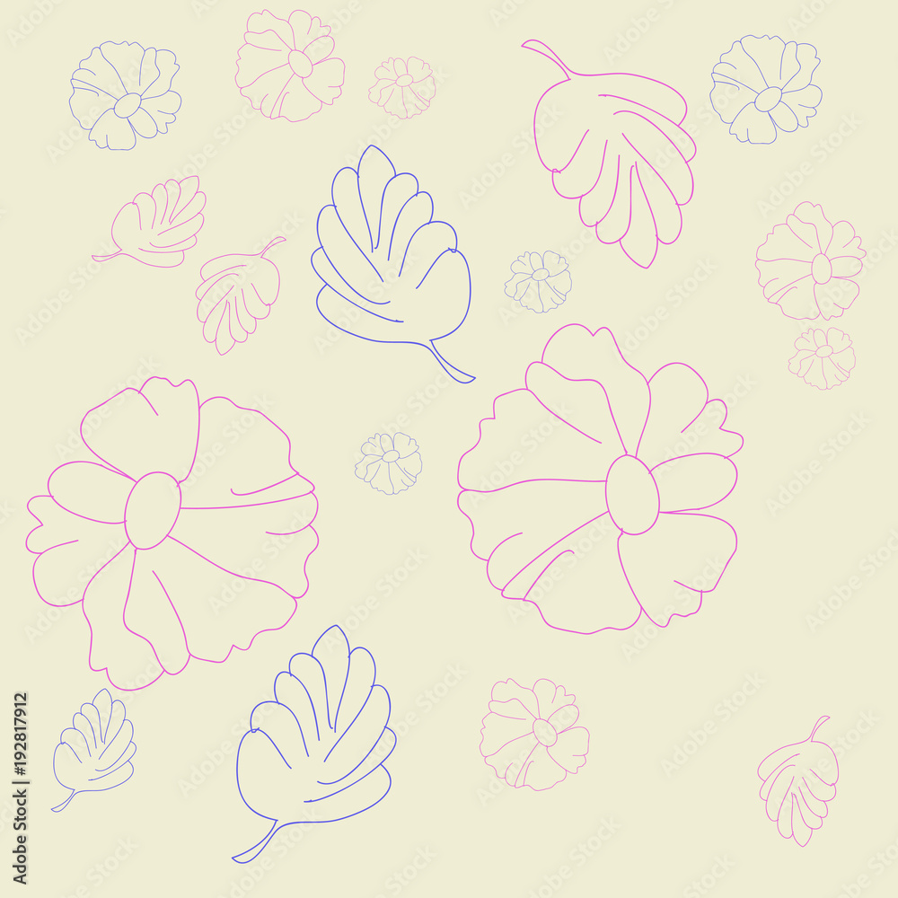 Floral pattern,leaves, flowers, stripes, hole . Hand drawn.