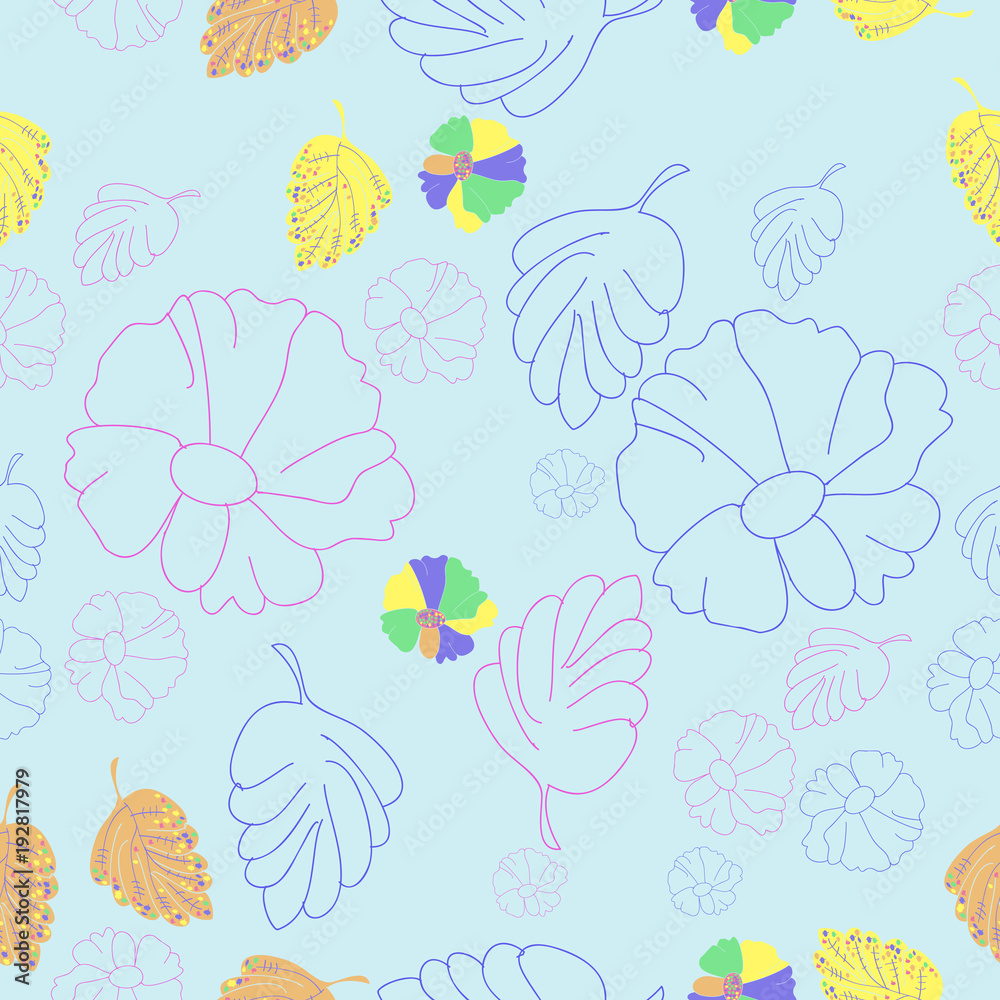Floral  seamless pattern,leaves, flowers, stripes, spots, hole . Hand drawn.