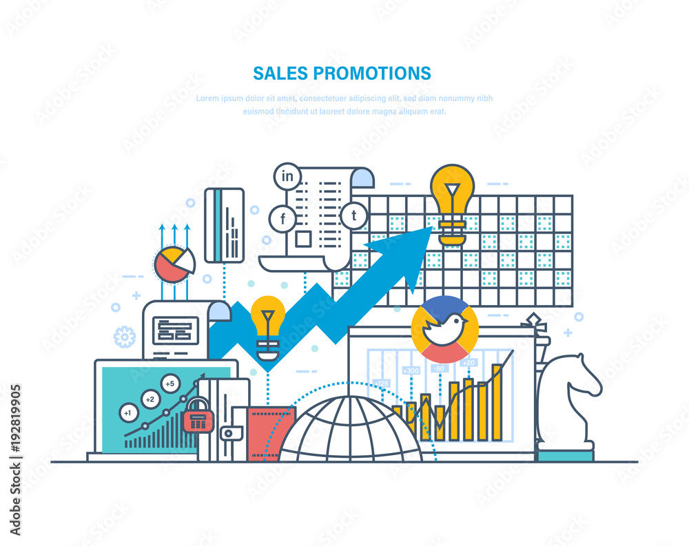 Naklejka premium Sales promotions. Targeting, market research, marketing, business planning and analysis.