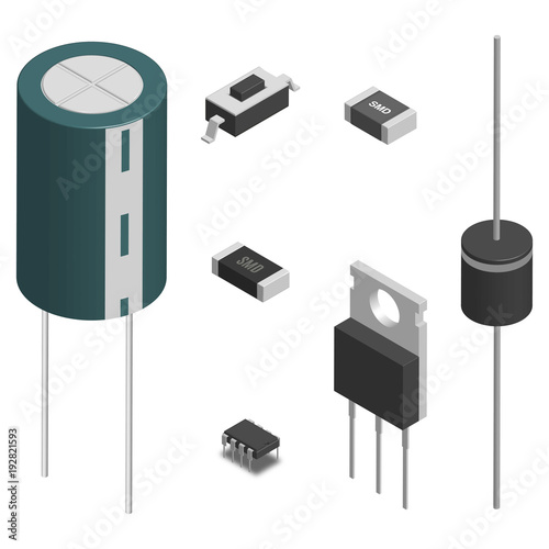 Set of different electronic components in 3D, vector illustration.