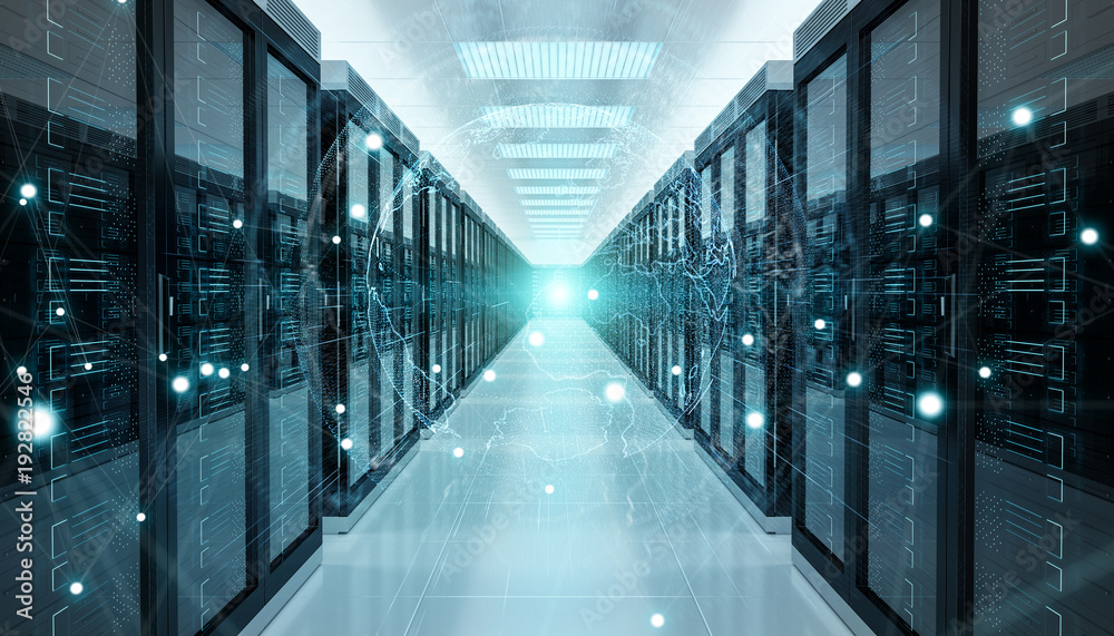 Obraz premium Earth network flying over server room data center 3D rendering