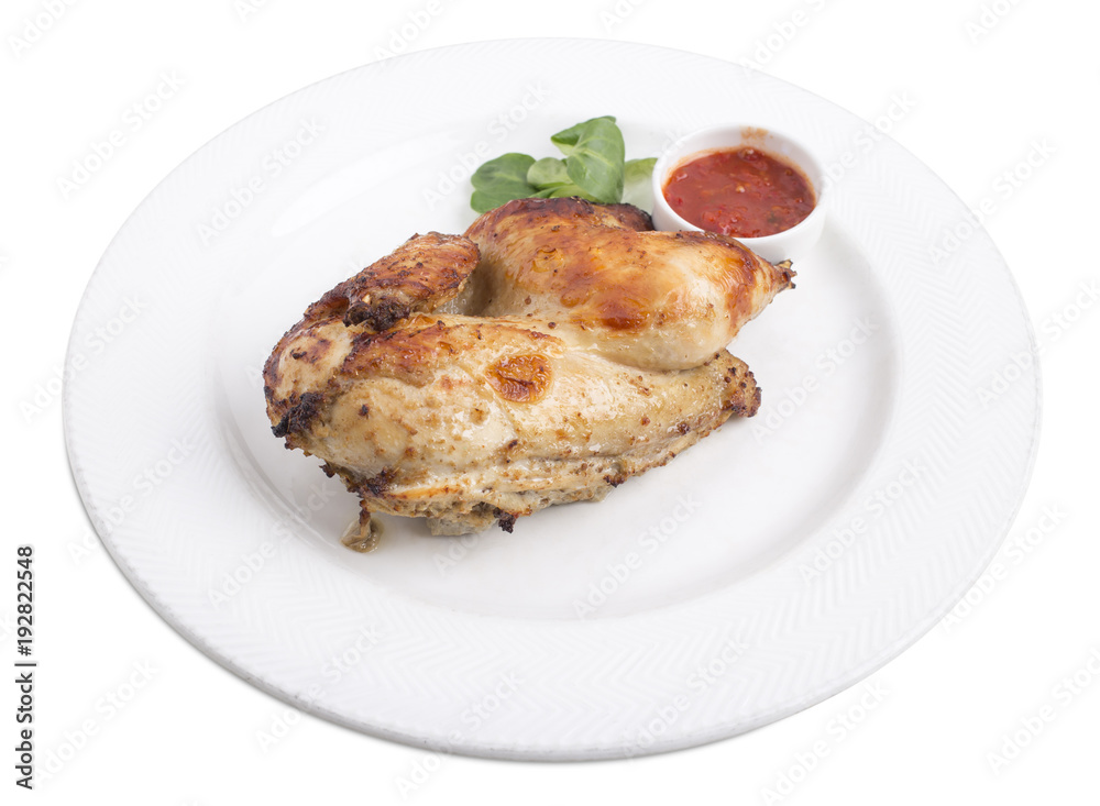 Grilled chicken with tomato sauce.