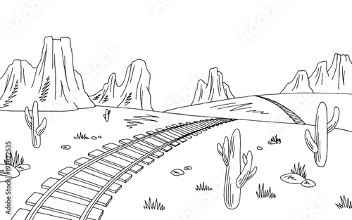 Prairie railroad graphic black white American desert sketch landscape illustration vector