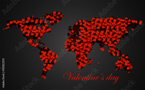 Abstract world map with hearts. Valentines day. Vector