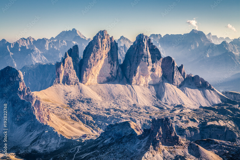 Tre Cime di Lavaredo in the Dolomites at sunset, South Tyrol, Italy