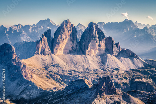 Tre Cime di Lavaredo in the Dolomites at sunset  South Tyrol  Italy